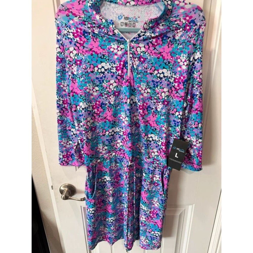 IBKUL womens golf dress size L UPF 50 colorful hooded athletic dress new